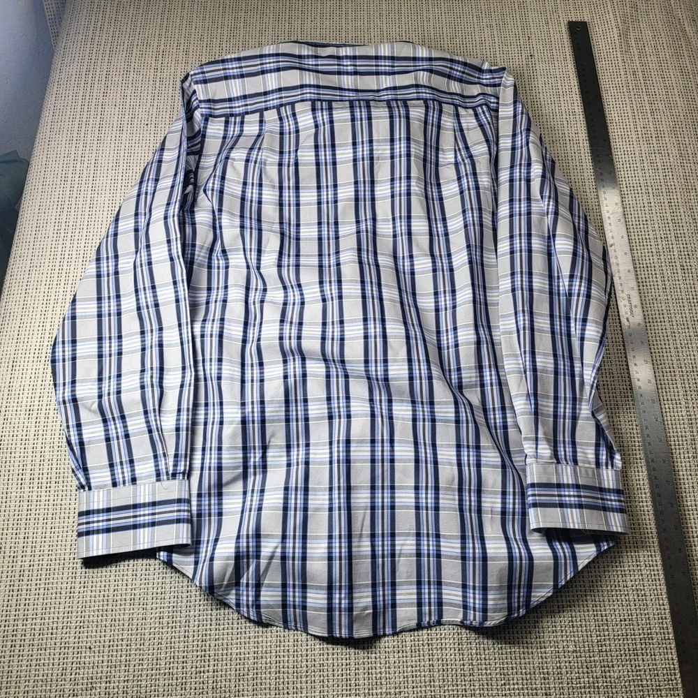 David Donahue Shirt Mens L Blue Grey Plaid Cotton Long Sleeve Button Down Spread